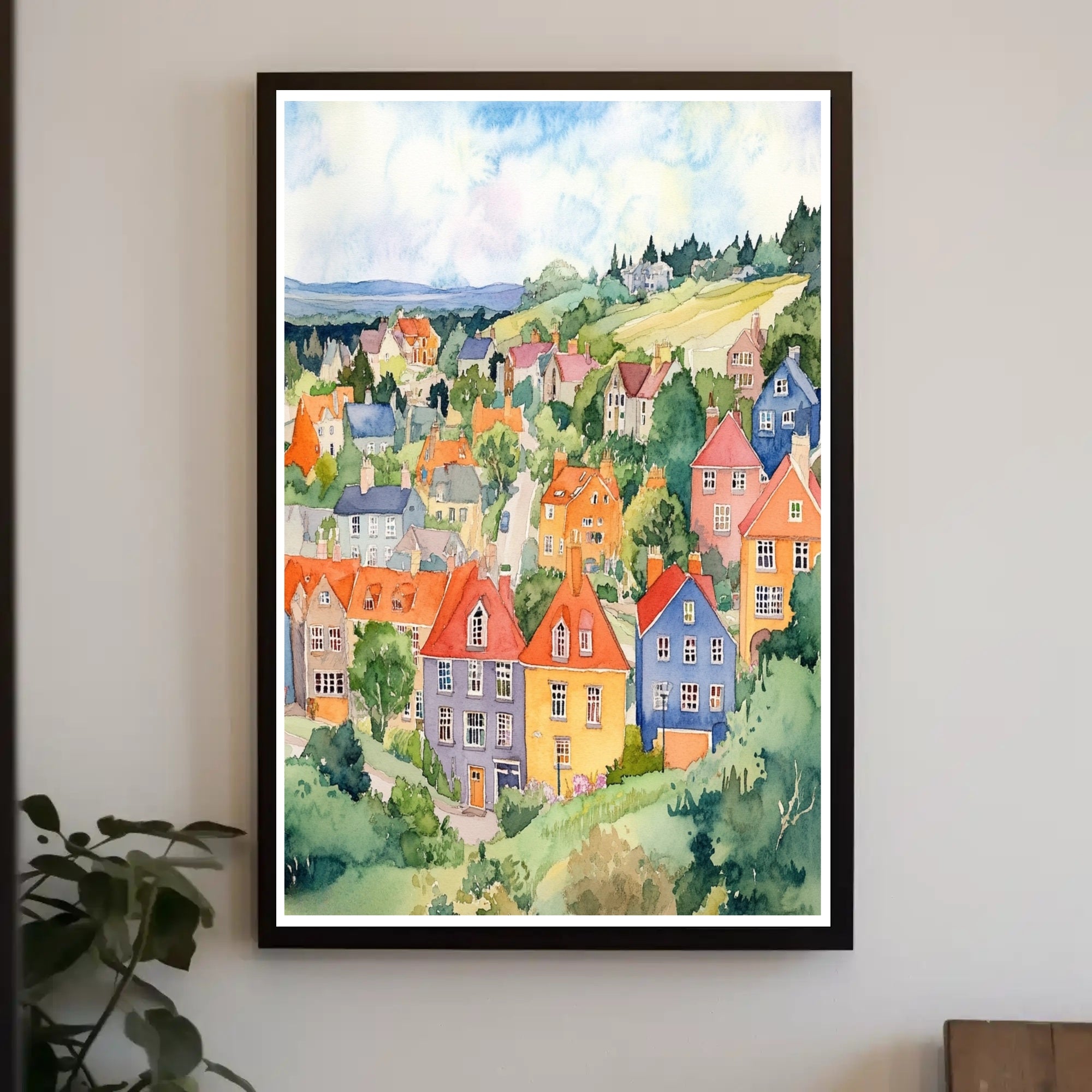 Colorful Hillside Village Poster PosterGoat