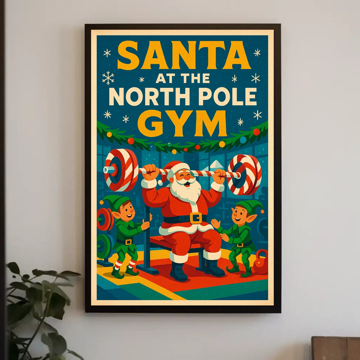 Santa Claus Lifting Weights Vintage Christmas Pop Culture Poster