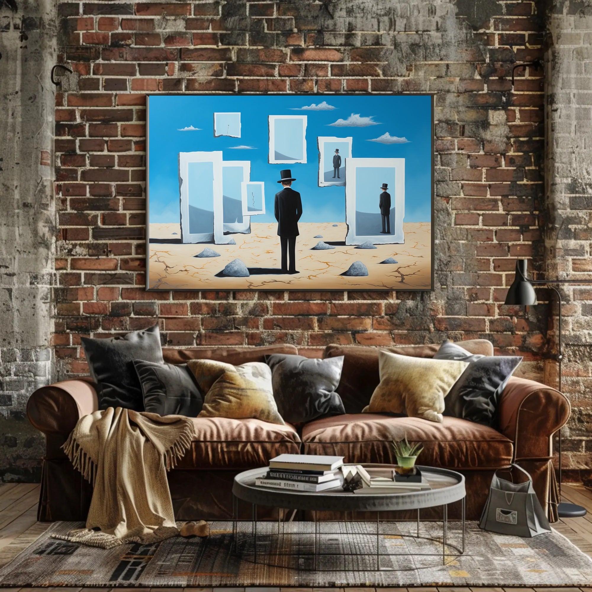 Surreal Desert Landscape with Bowler Hat Figure Artistic Poster