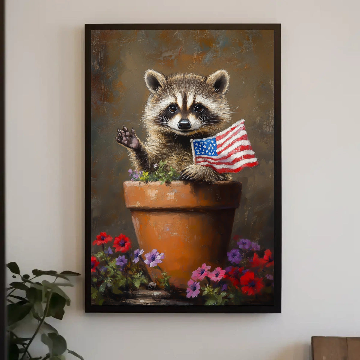 raccoon popping out of a large clay flowerpot Poster