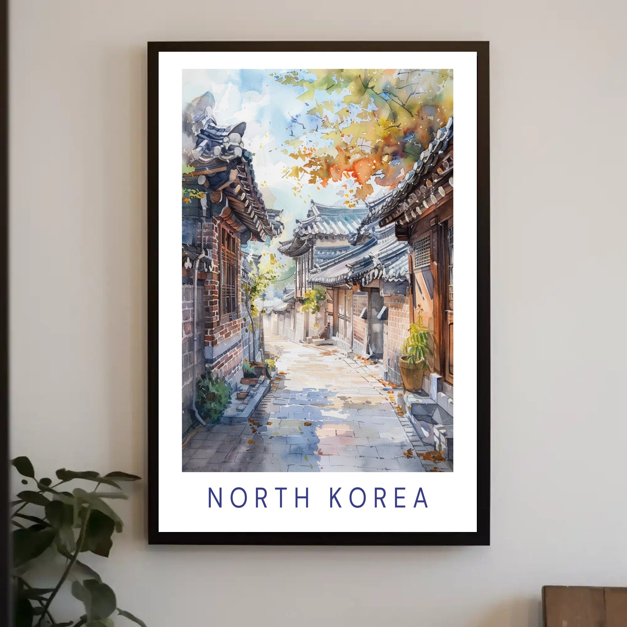 Serene North Korean Scene Watercolor Cultural Heritage Poster PosterGoat