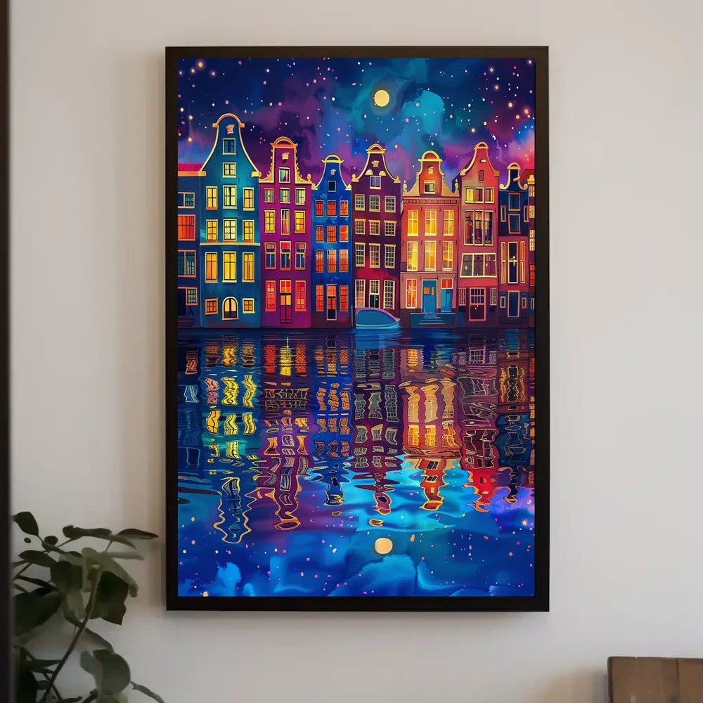 Colorful Dutch Canal Houses Under Starry Night Sky
