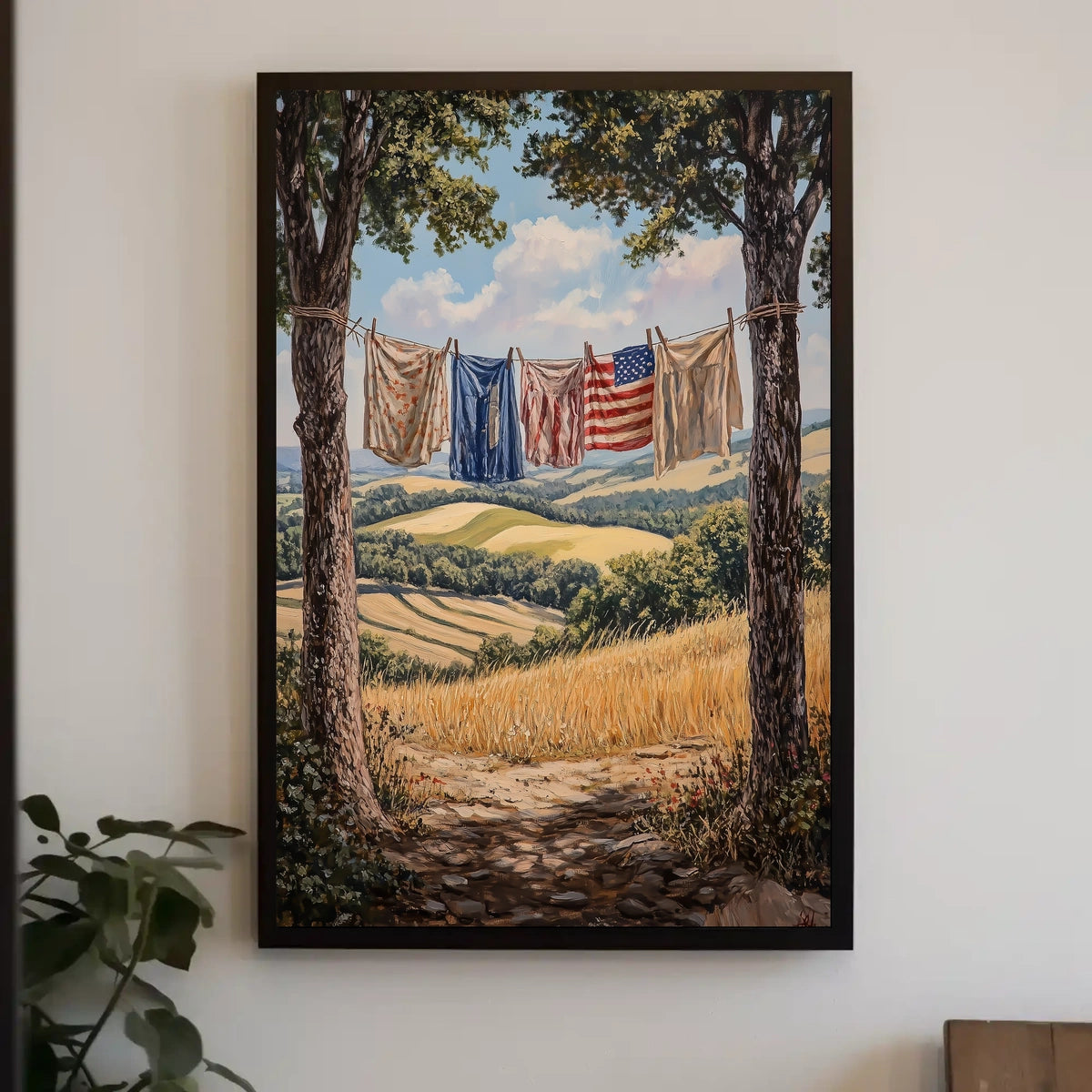 Clothesline Between Two Trees Overlooking Countryside Poster