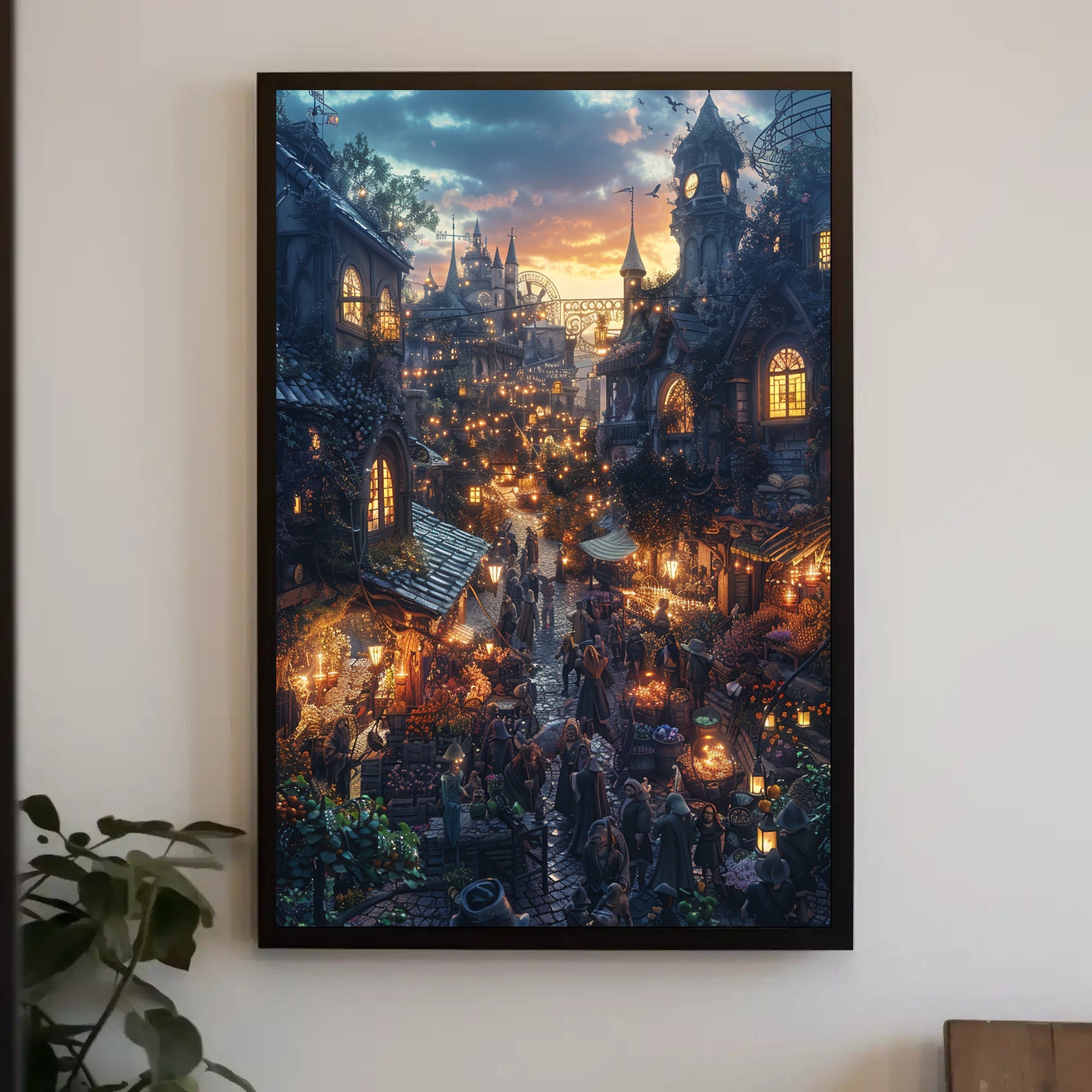 Whimsical Fantasy Market Scene Sunset Fantasy Poster PosterGoat