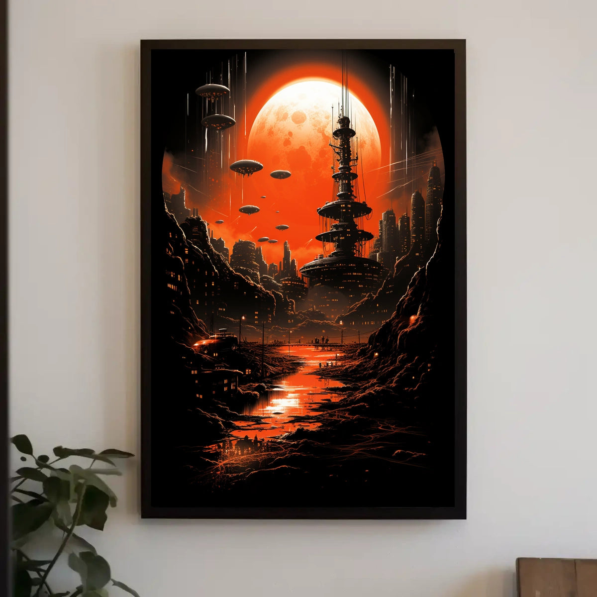 Futuristic Cityscape Under a Red Moon Poster