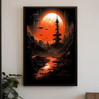Futuristic Cityscape Under a Red Moon Poster