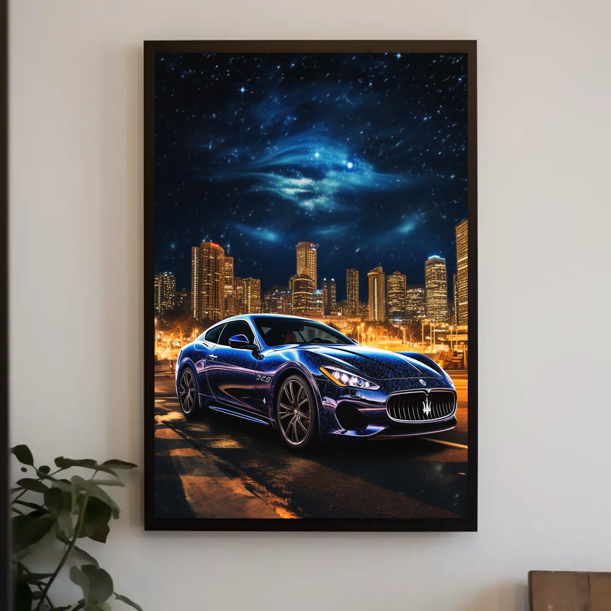 Luxury Maserati in Urban Skyline Futuristic Sci-Fi Poster