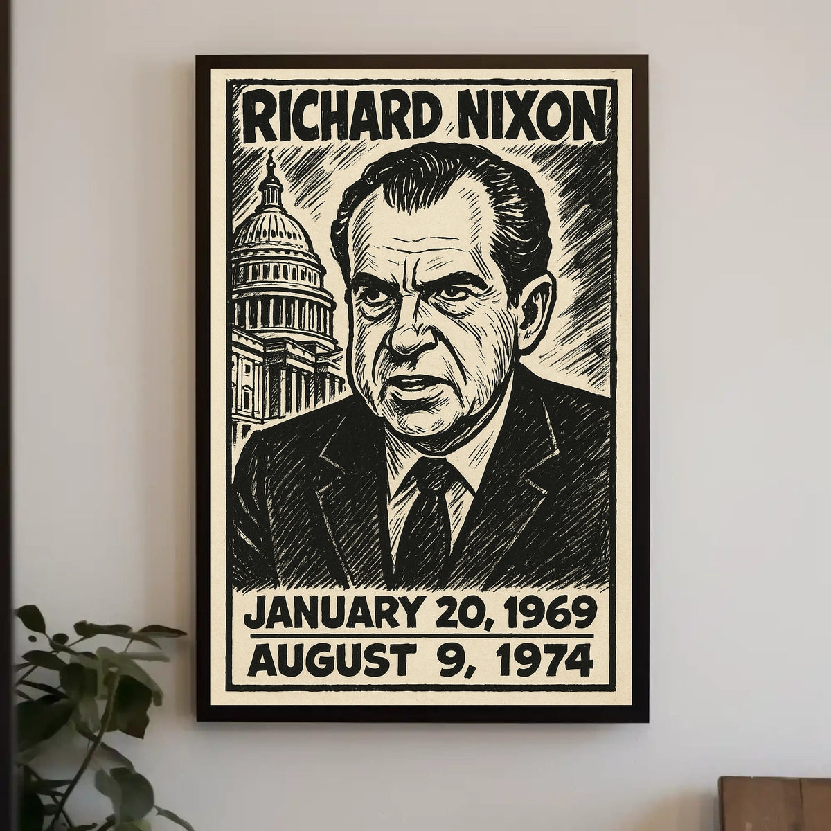 Richard Nixon 37th President of the United States B & W Comic Sketch Poster