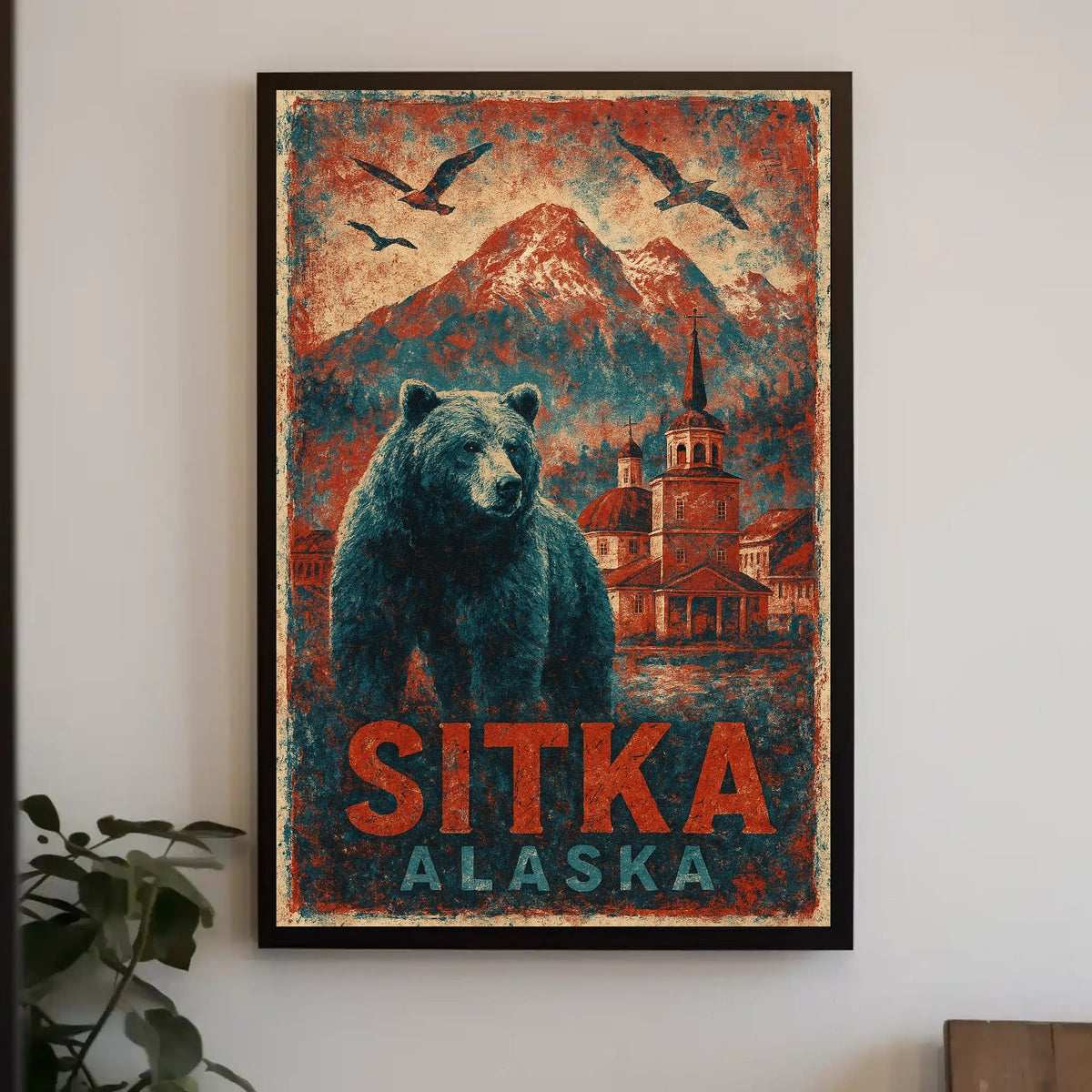 Sitka Alaska Travel Vintage Bear Foreground Snowcapped Mountains Church Heritage Art Deco Retro Eighties Poster