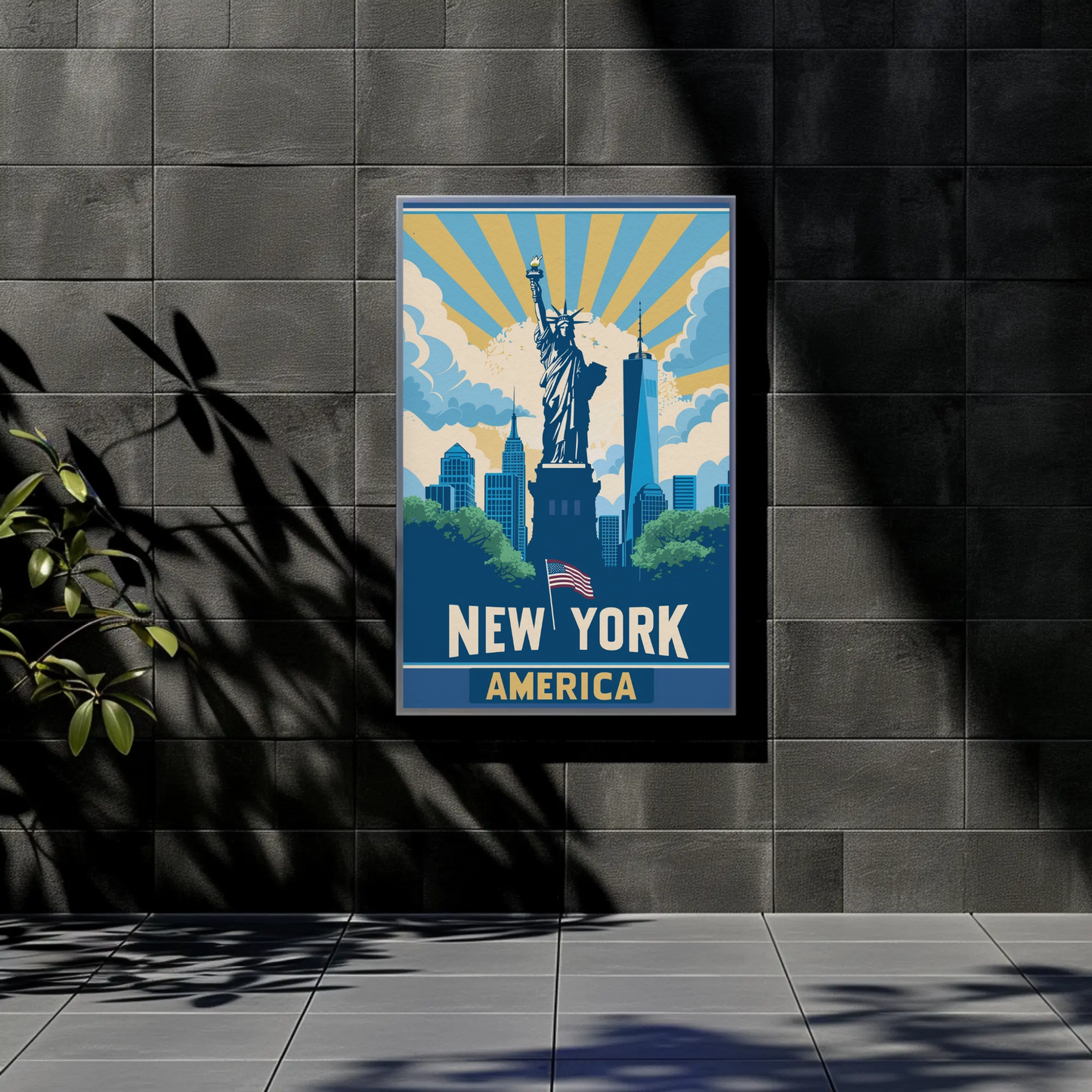 New York America Skyline Liberty Sunrise Vintage Travel Poster