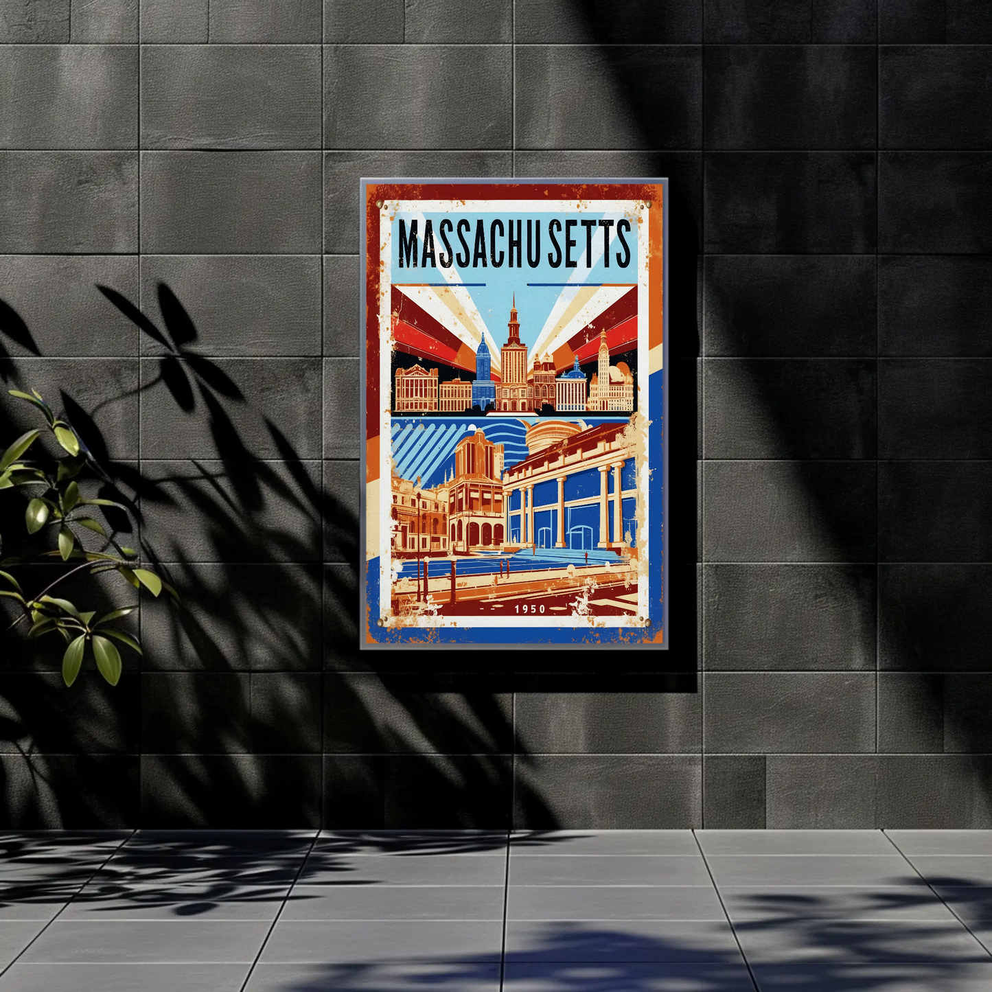 Massachusetts USA 1950 Capitol Skyline Vintage Travel Poster