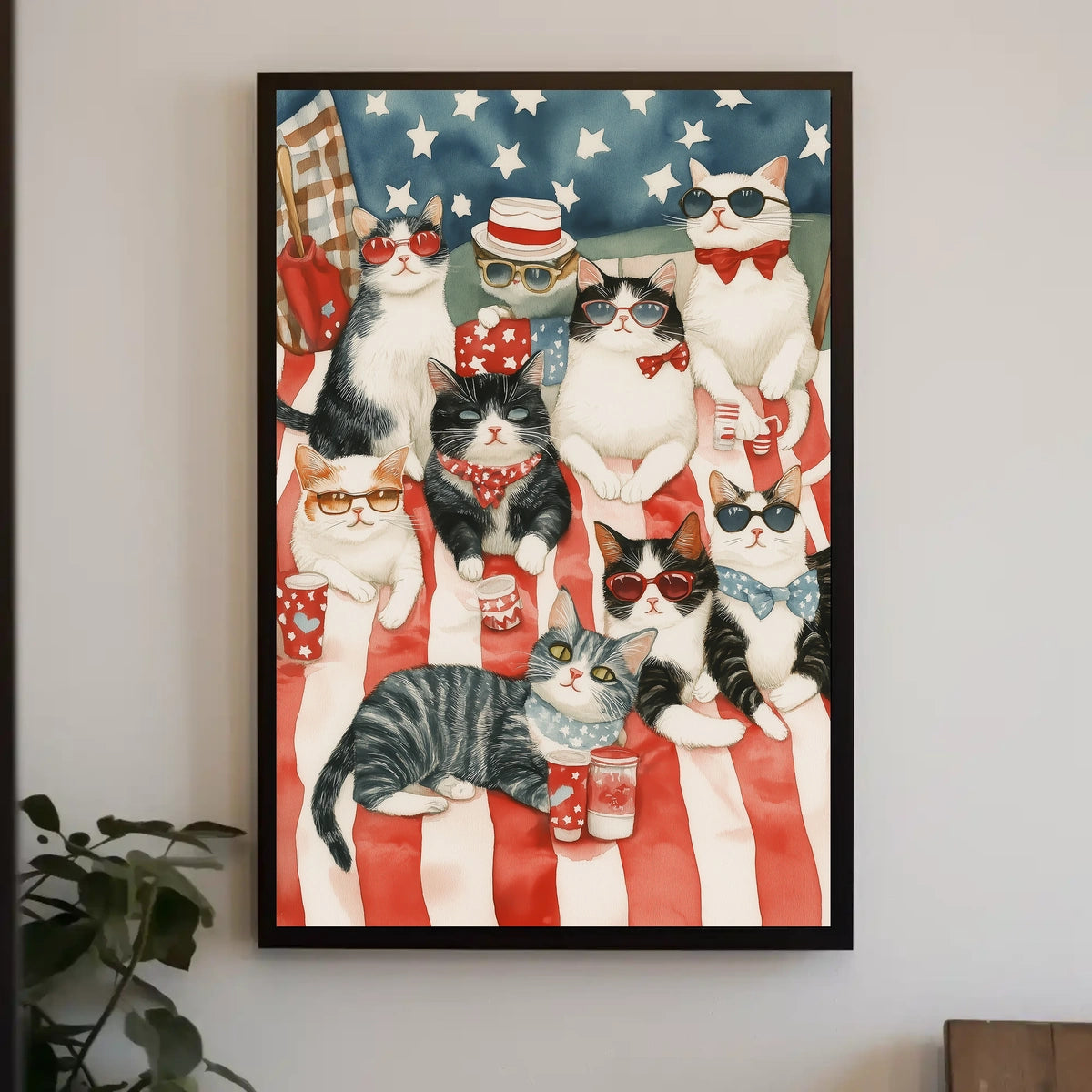 Patriotic Cats Relaxing On American Picnic Blanket Poster