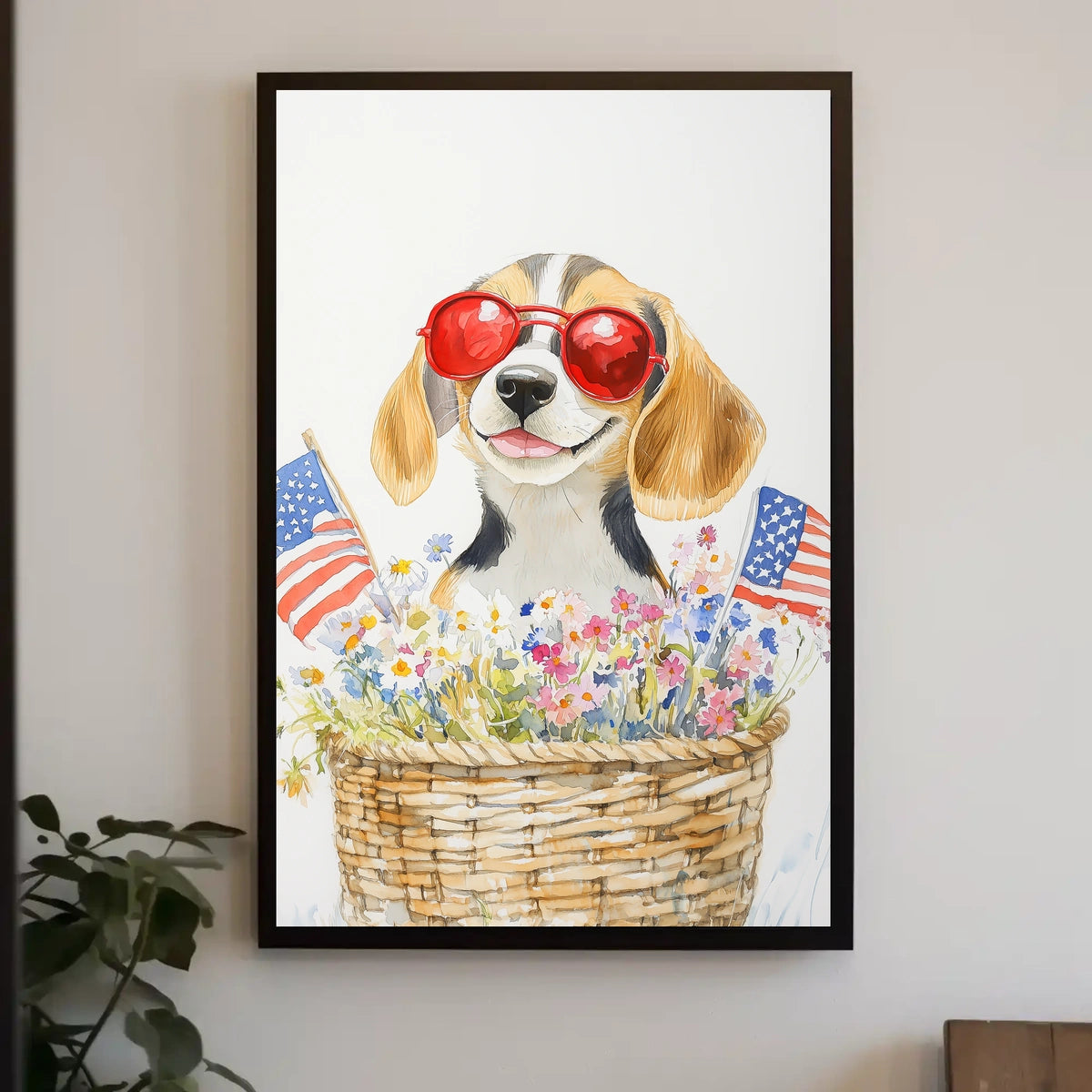Beagle Puppy With Red Sunglasses In Flower Basket Poster