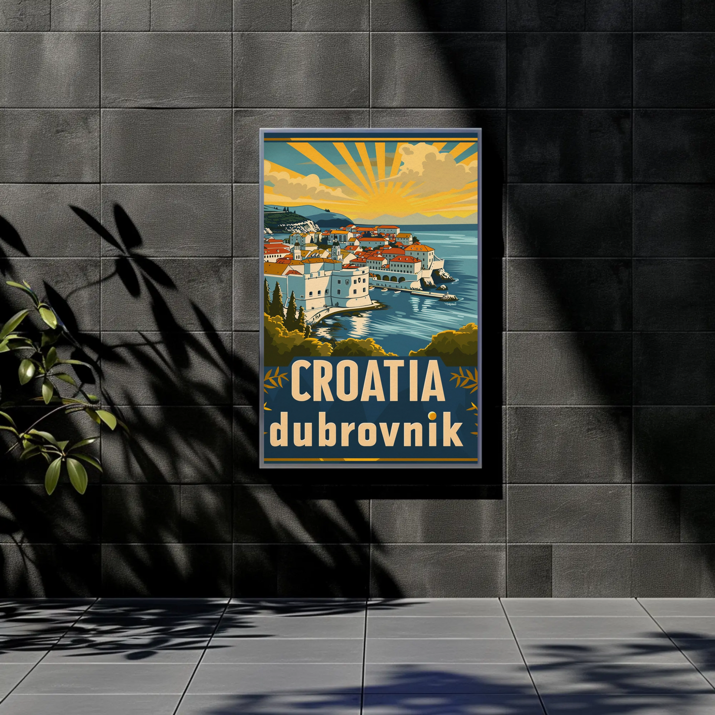 Croatia Dubrovnik Sunset Coastline Vintage Travel Poster