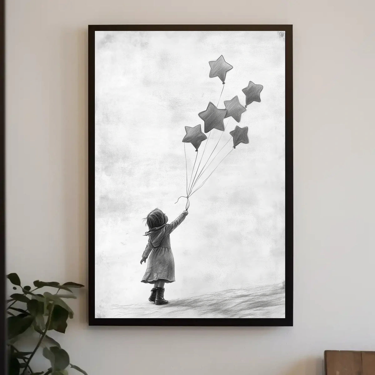 Child Releasing Star Balloons Minimalist Art Sketch Poster