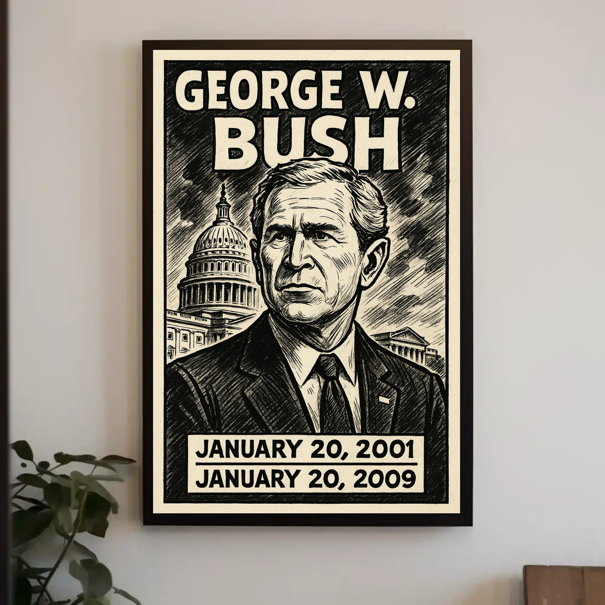 George W. Bush 43rd President of the United States B & W Comic Sketch Poster