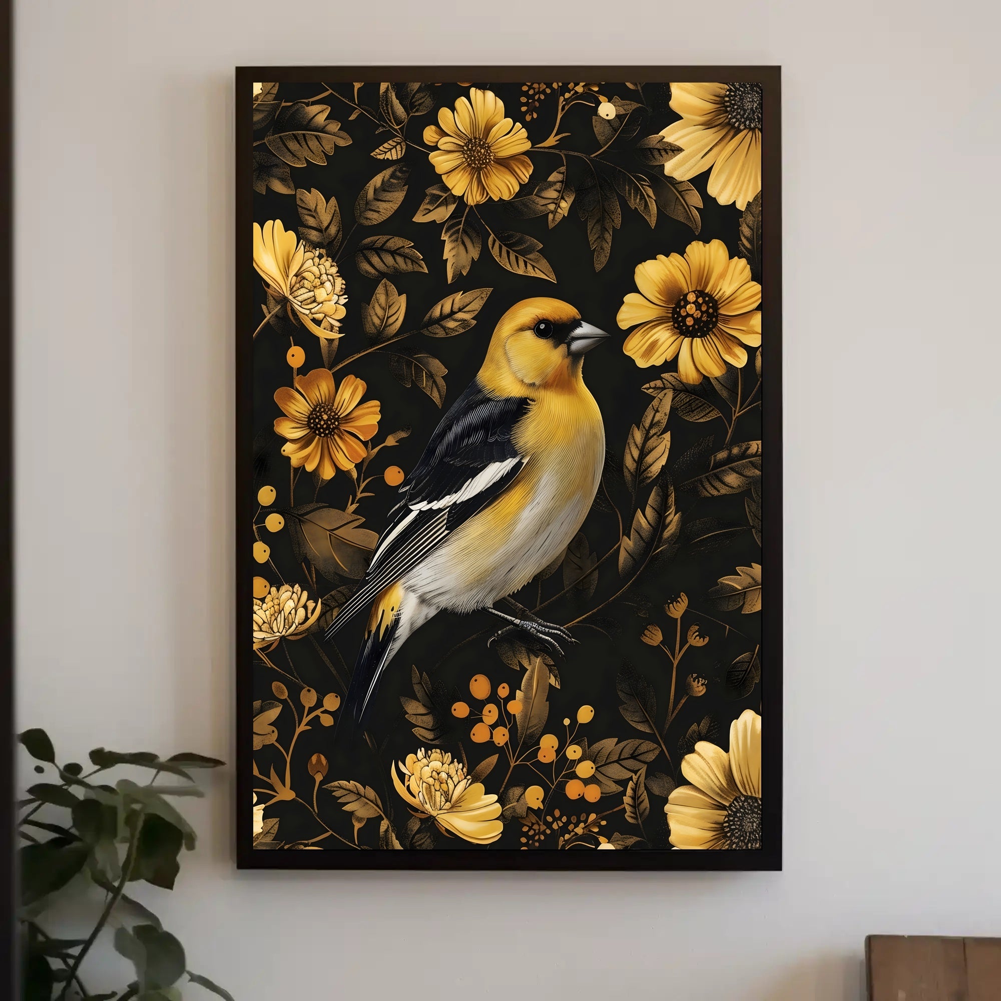 Elegant Yellow Bird Perched Among Flowers Animal Poster