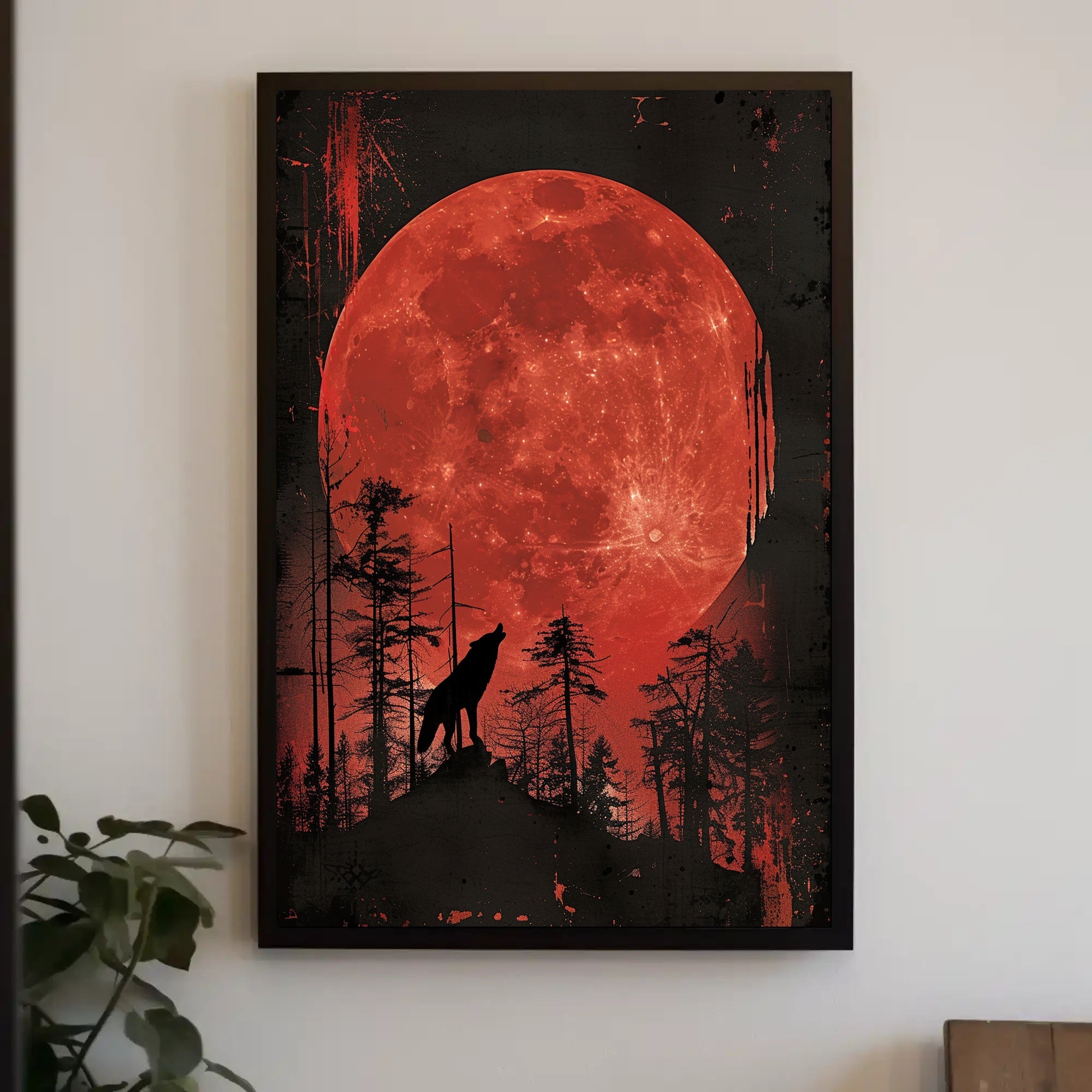 Wolf Howling Under Blood Moon Art Poster PosterGoat