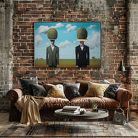 Surreal Suited Figures Artistic Poster Under Blue Sky