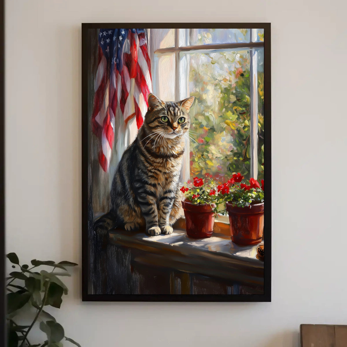tabby cat sitting in a windowsill Poster