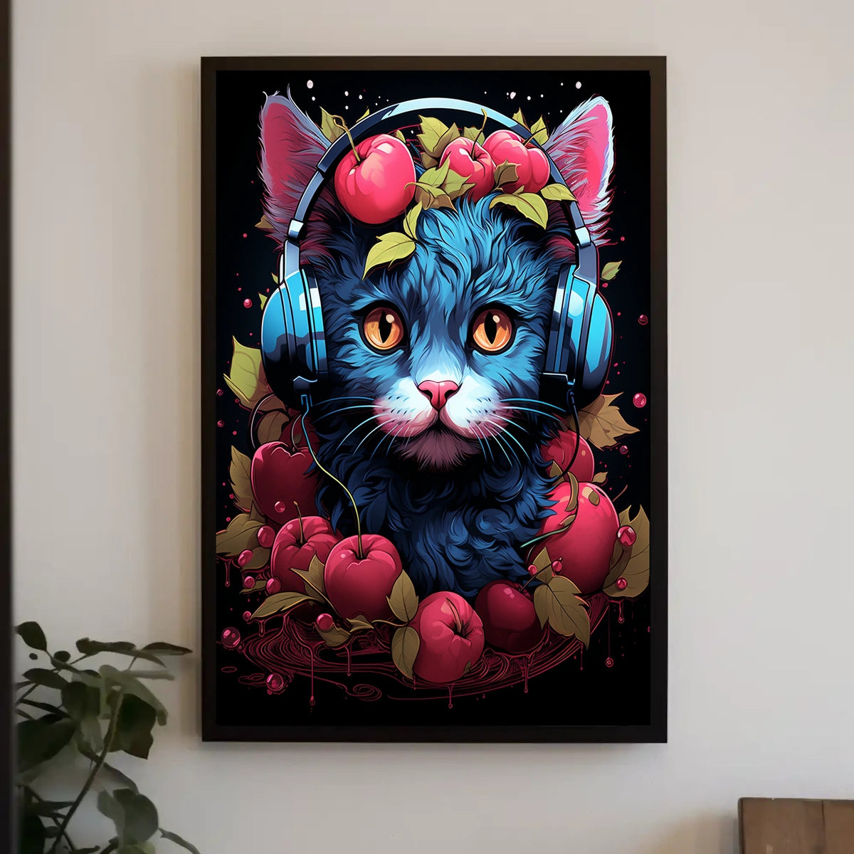 Cherries And Headphones Cat Poster
