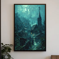Mysterious Gothic Village Poster with Moonlit Atmosphere PosterGoat