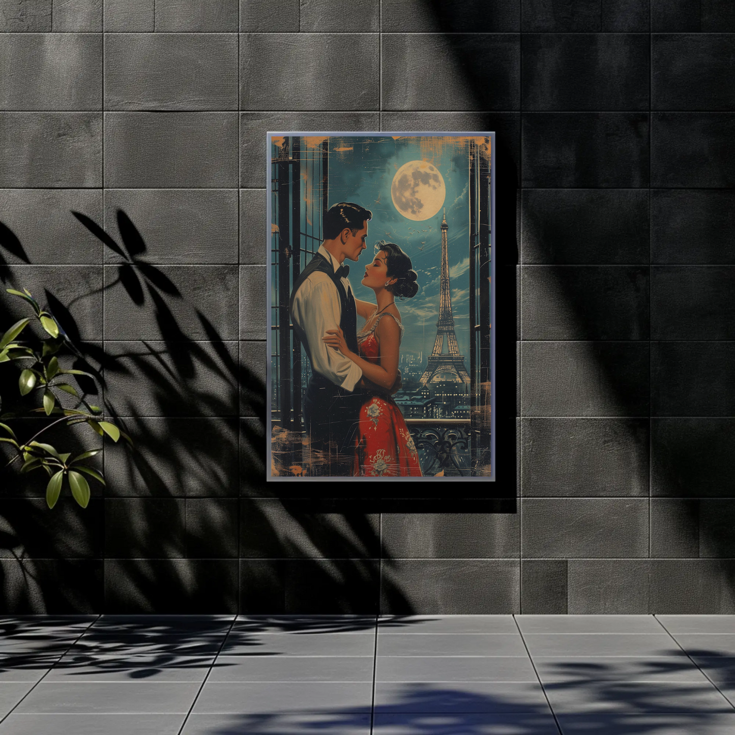 Romantic Couple Eiffel Tower Paris Moonlight Vintage Travel Poster