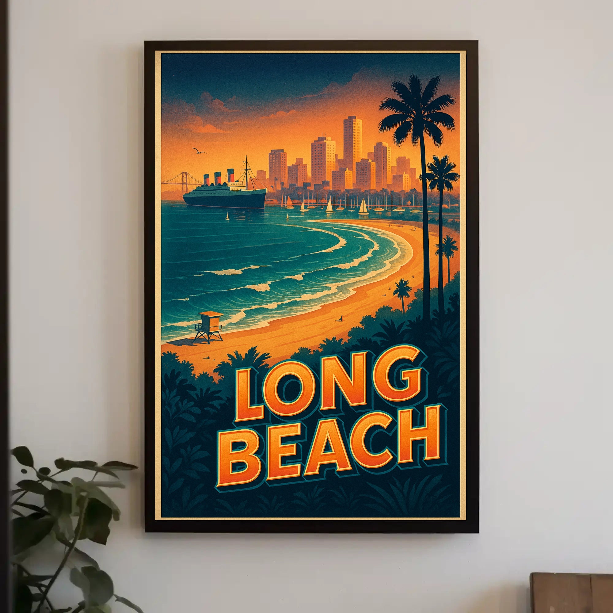 Long Beach Sunset Retro Travel Poster