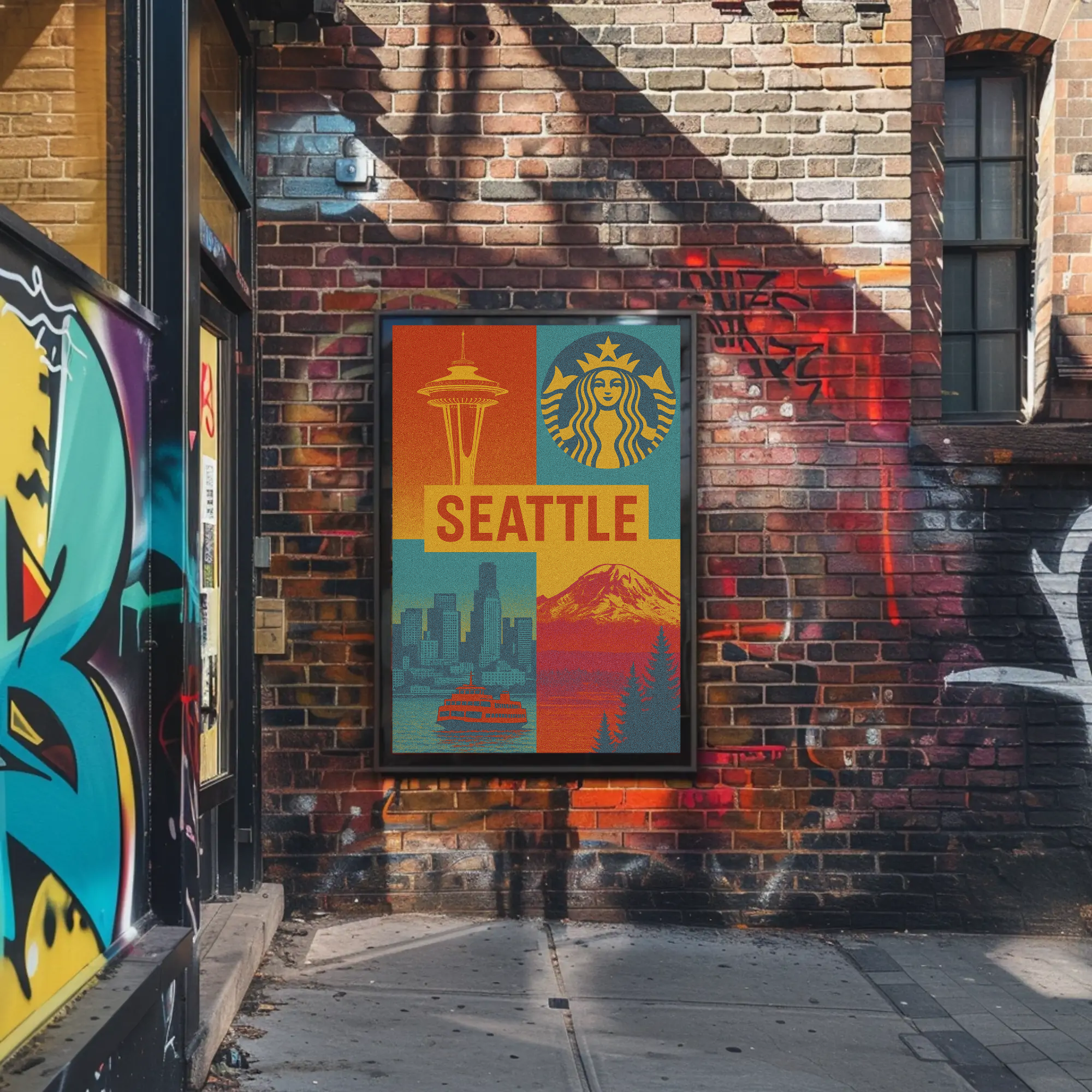 Seattle Skyline Retro 70s Celebration Travel Poster