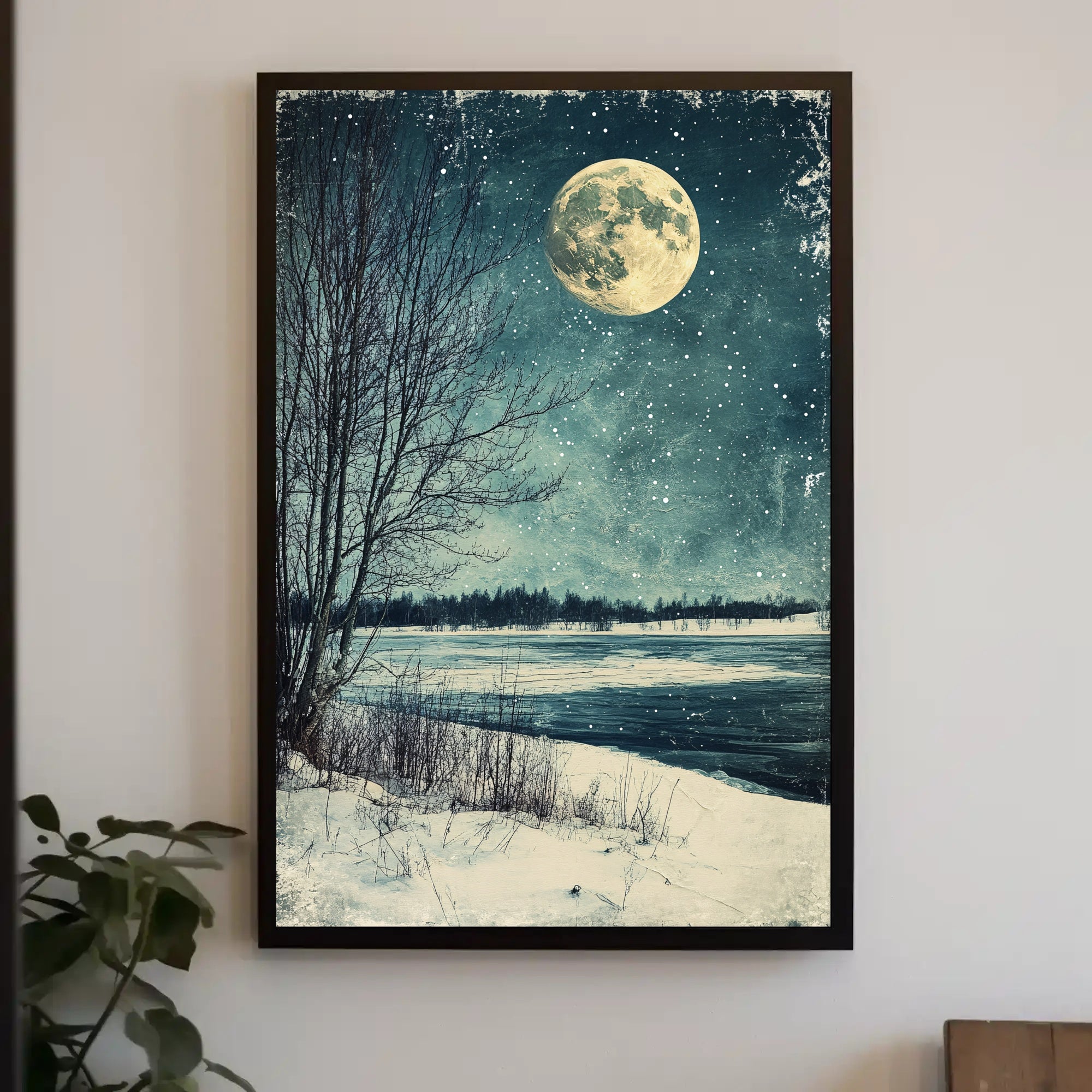 Serene Winter Moonlight Landscape Vintage Art Poster