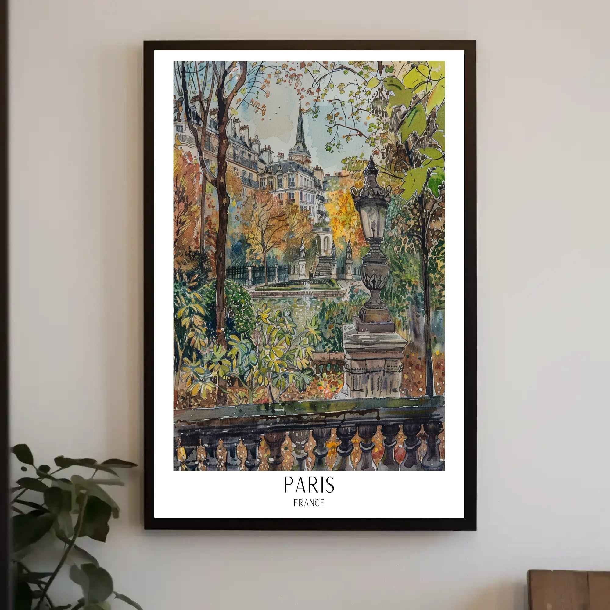 Parisian Autumn Elegance Watercolor in Urban or Cityscape Poster PosterGoat