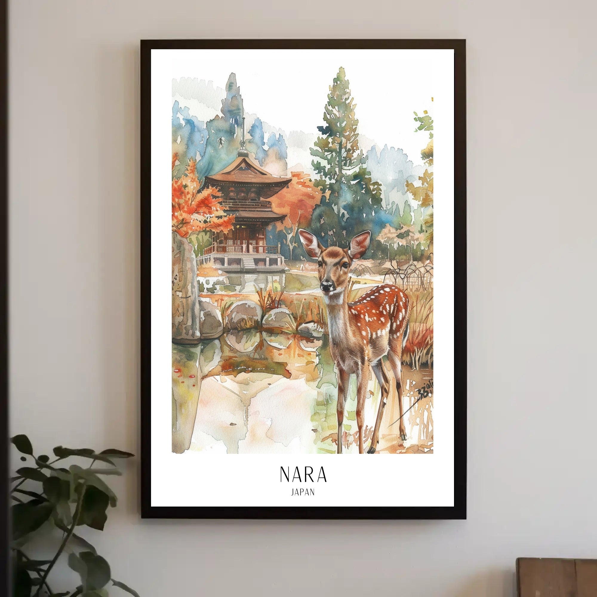 Nara Deer Pagoda Watercolor Cultural or Heritage Poster PosterGoat
