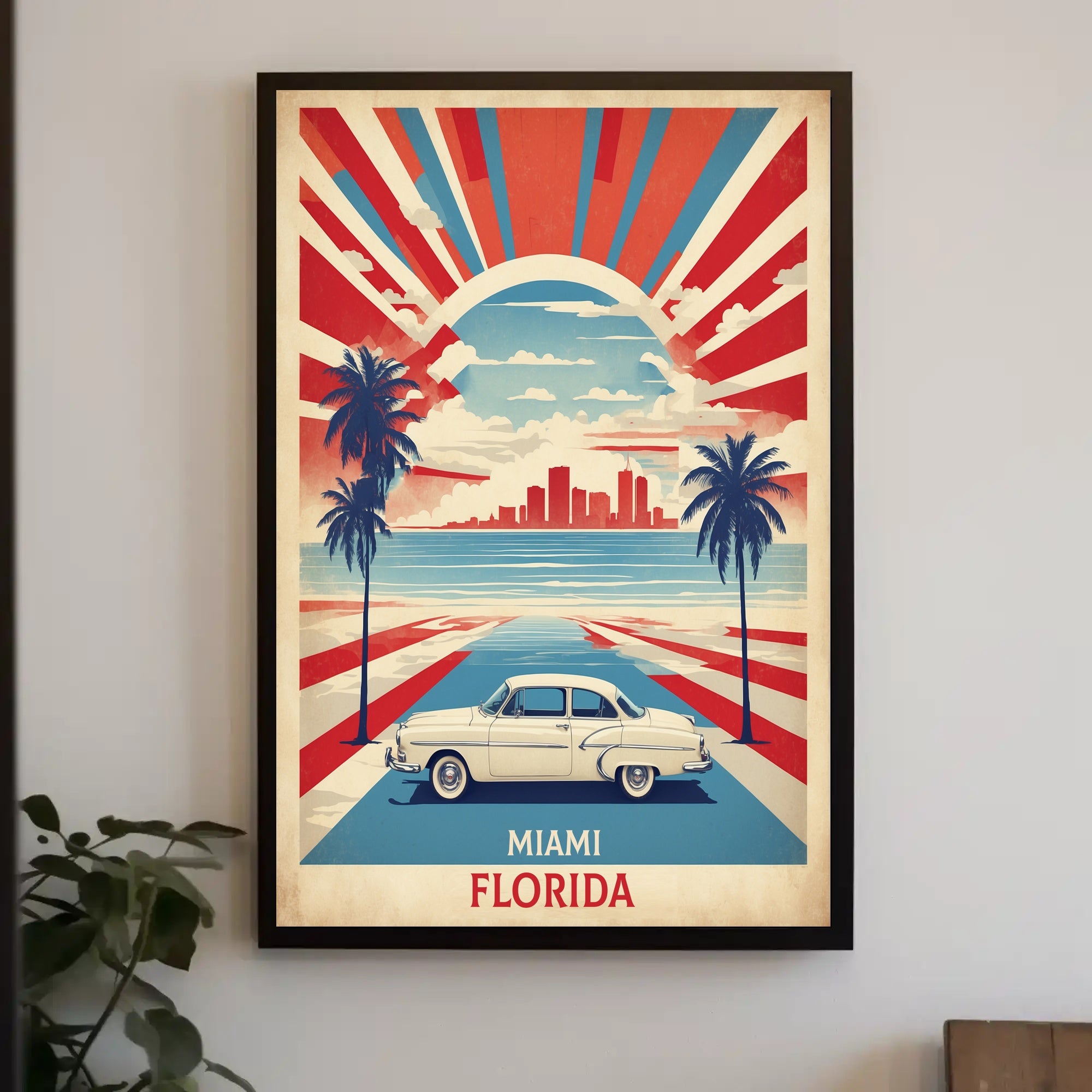 Vintage Car Miami Cityscape with Energetic Travel Poster