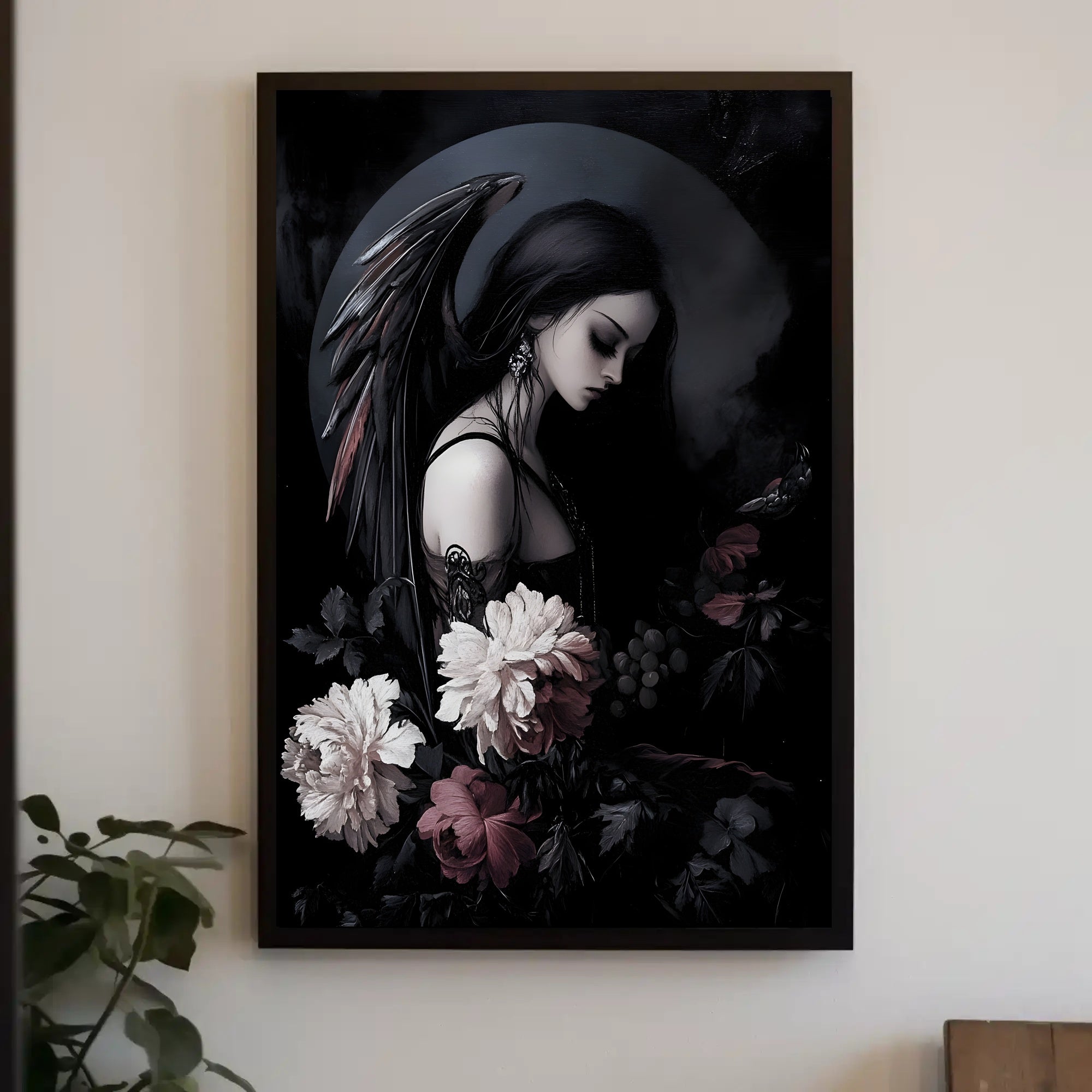 Dark Angelic Fantasy Woman with Dramatic Flowers Poster PosterGoat