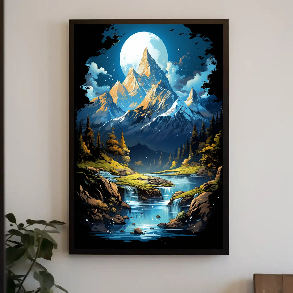 Enchanted Moonlit Mountain Landscape Fantasy Art Poster
