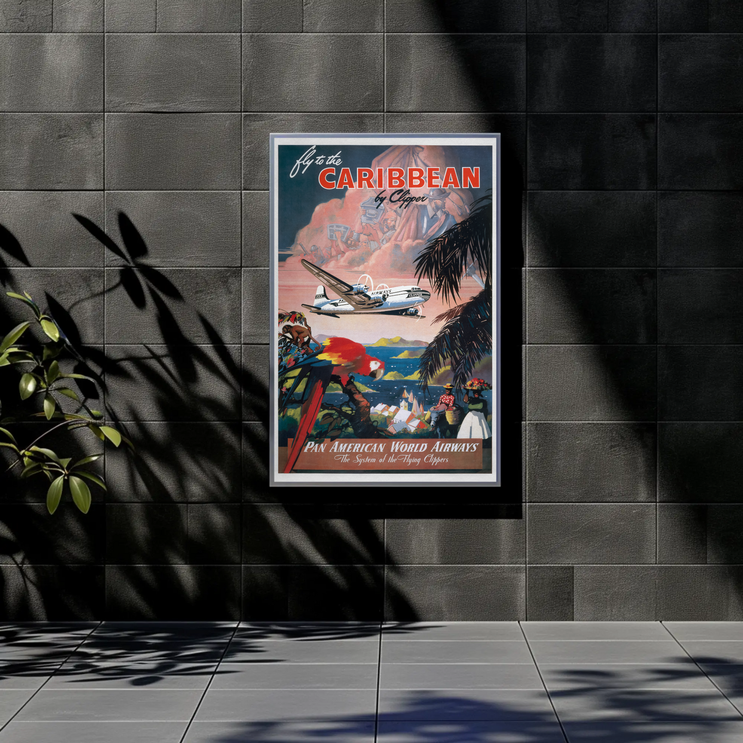 1940s Fly to the Caribbean Vintage Style Tropical Travel Poster