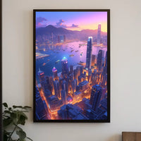 Futuristic Cityscape Poster: Neon Harbor at Dusk