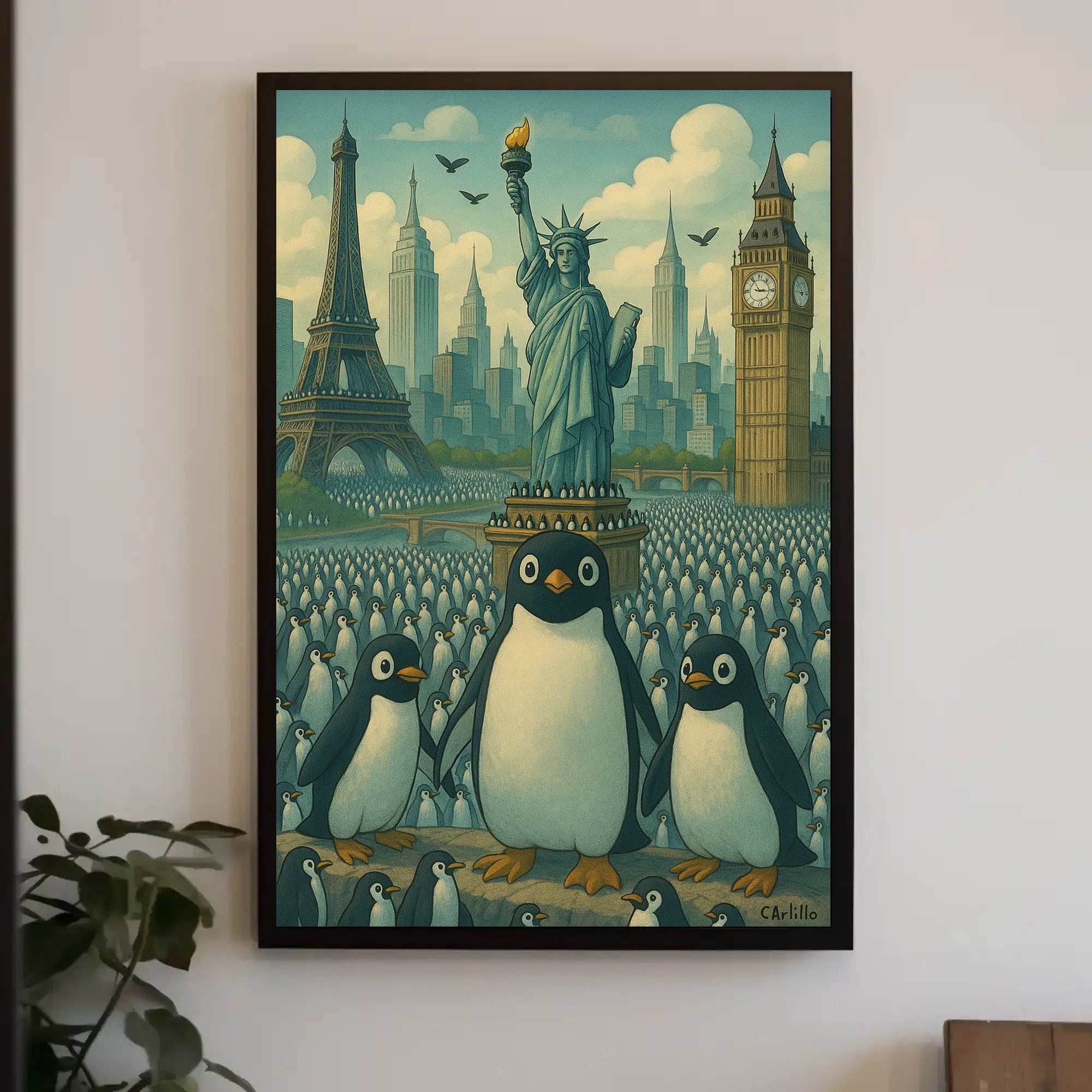 Whimsical Landmarks and Penguins Travel Poster