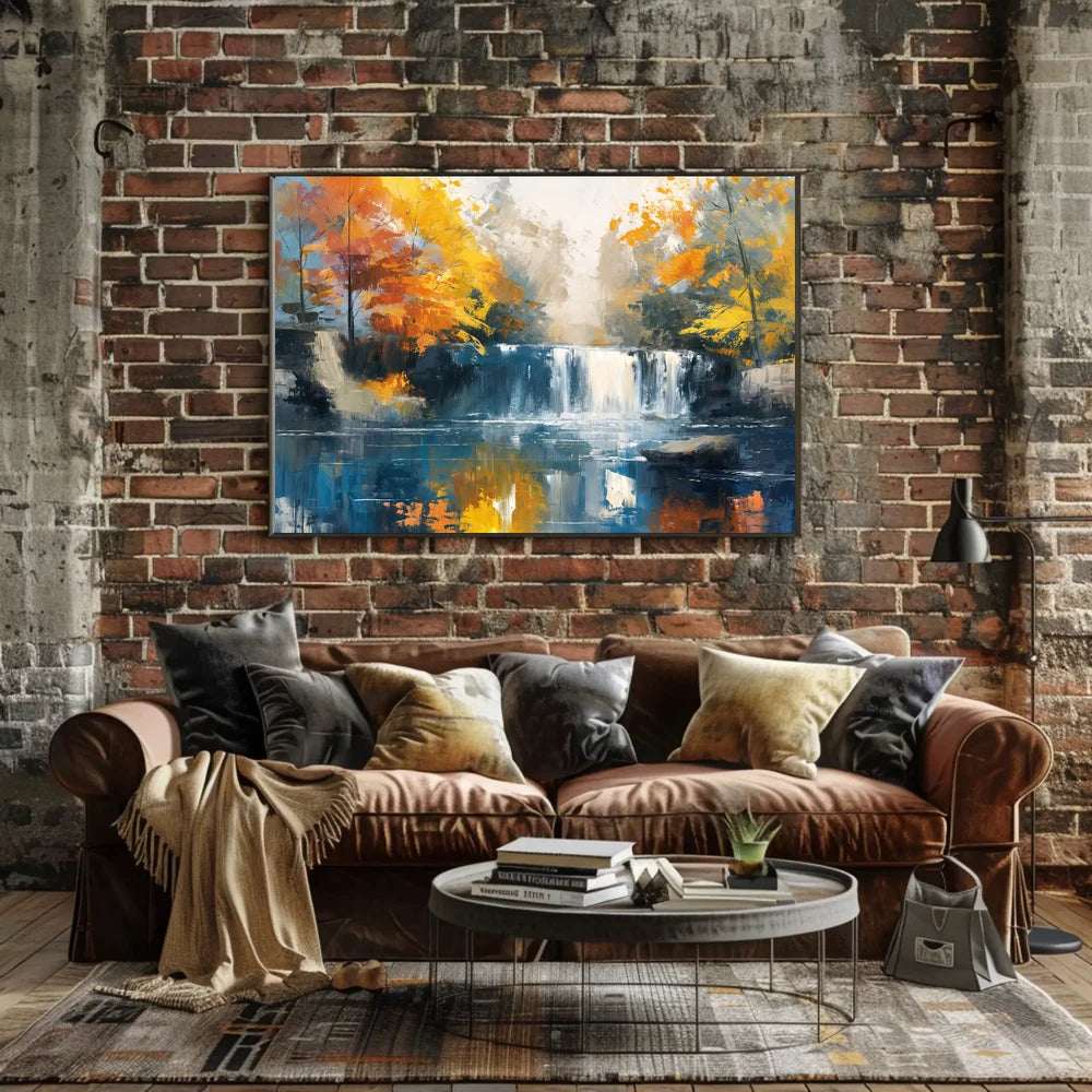 Serene Autumn Waterfall Impressionist Landscape Art Poster