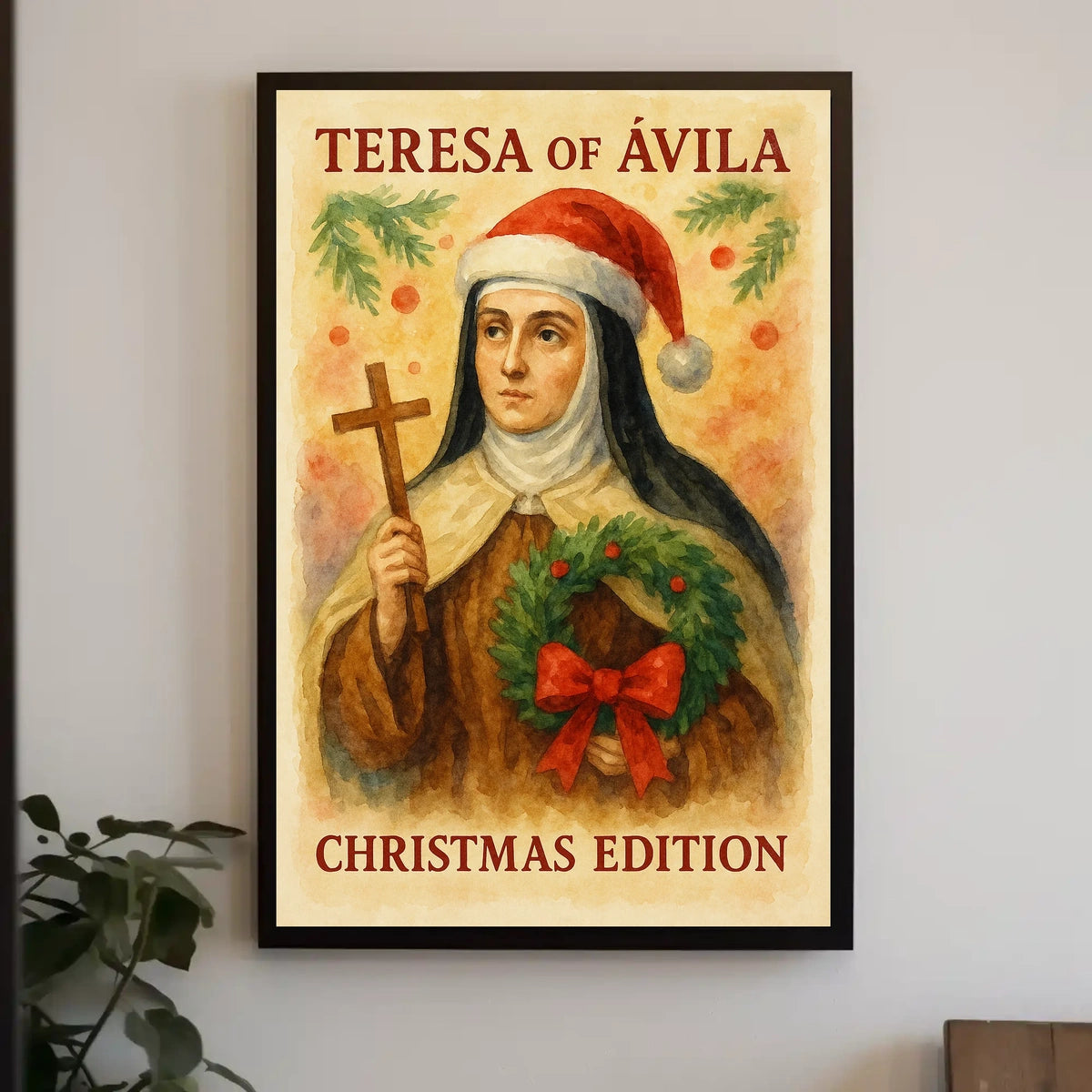 Festive Nun Artistic Poster with Christmas and Religious Elements