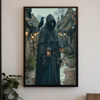 Mysterious Medieval Village Artwork with Plague Doctor Fantasy Poster PosterGoat