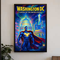 Superhero Patriotism in Washington DC Pop Culture Poster
