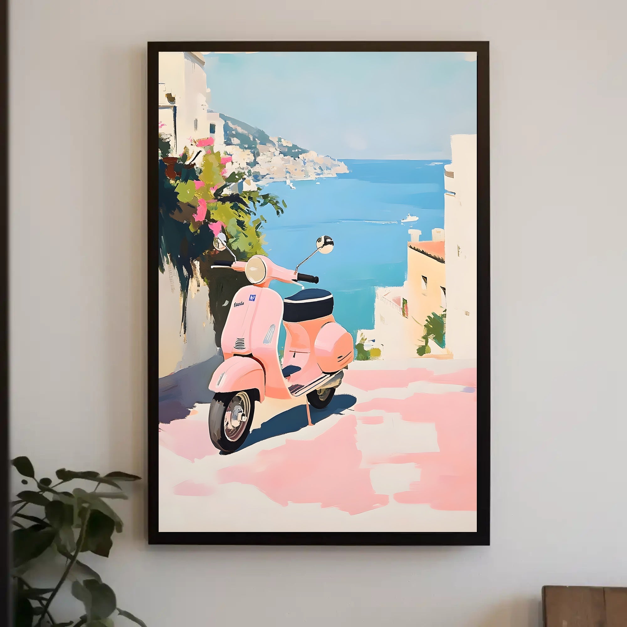 Vespa Coastal Poster Vintage Pastel Travel Wall Art