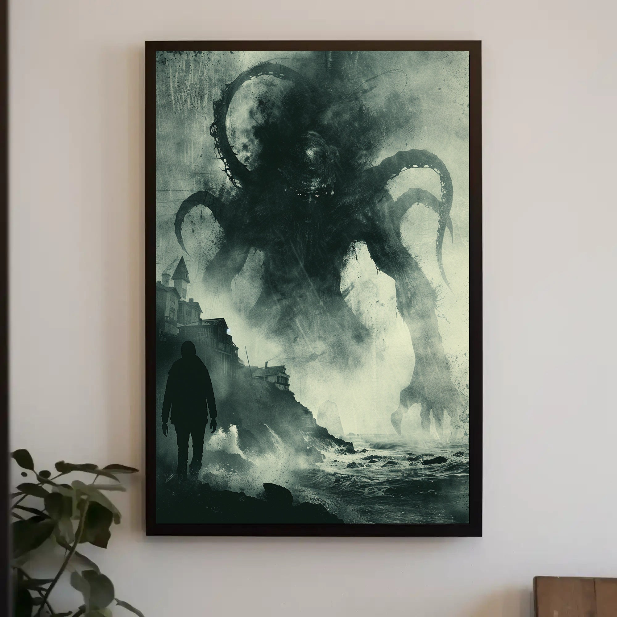 Dramatic Tentacled Monster in Stormy Coast Fantasy Poster PosterGoat