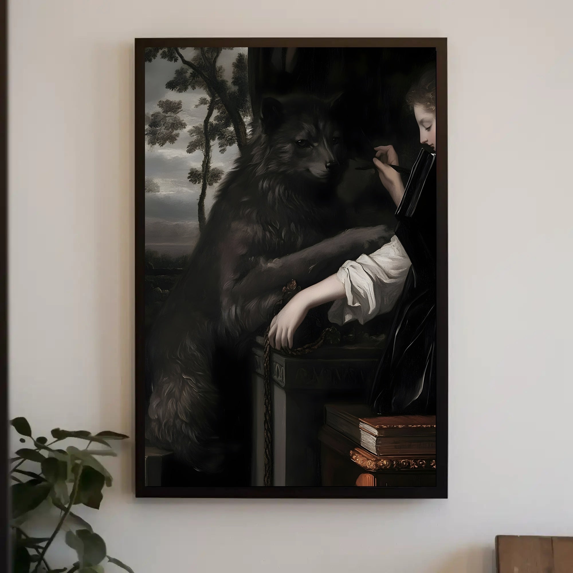 Lady and Wolf in Ornate Library Fantasy or Mythology Poster PosterGoat