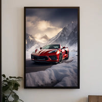 Red Sports Car in Snowy Mountains Poster PosterGoat