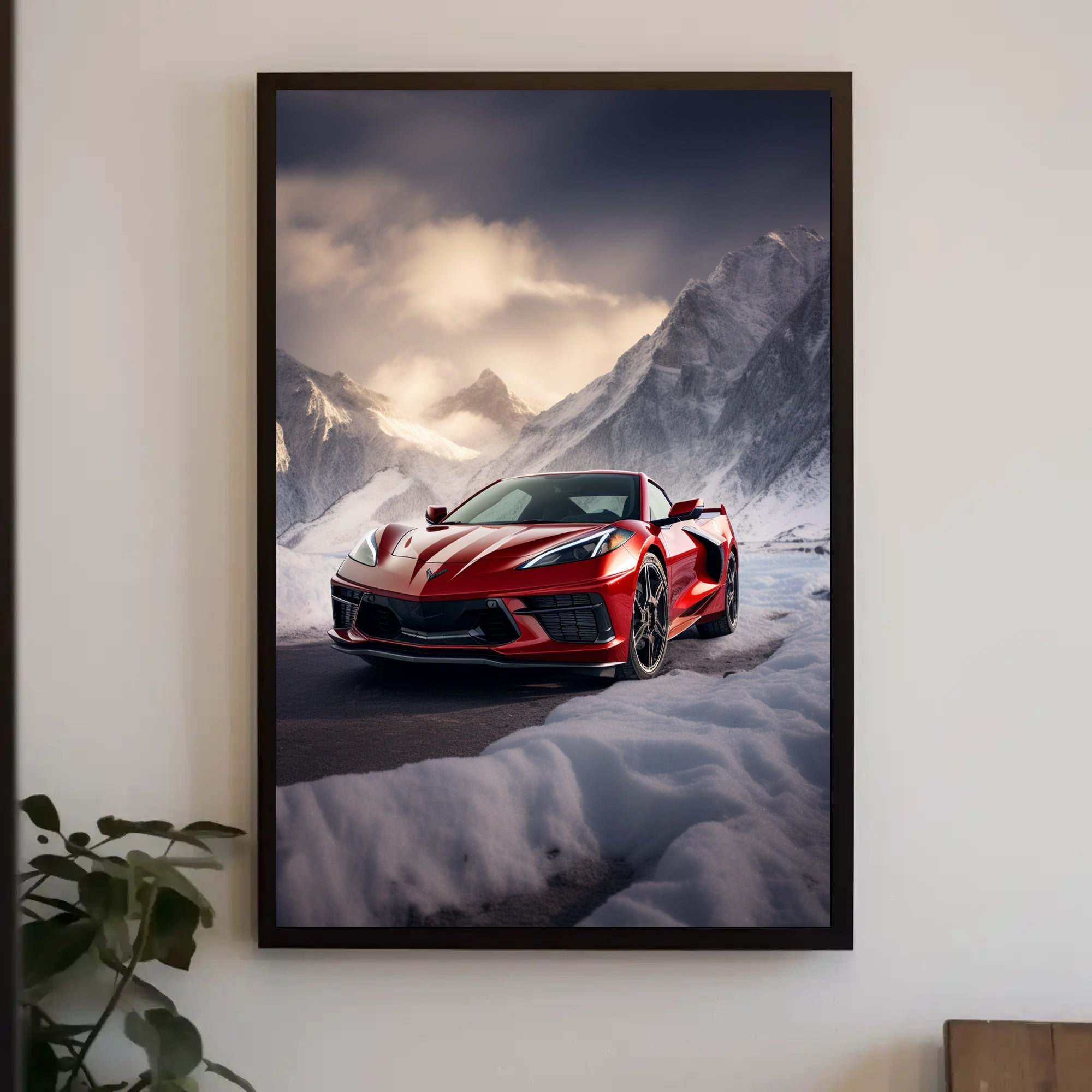Red Sports Car in Snowy Mountains Poster PosterGoat