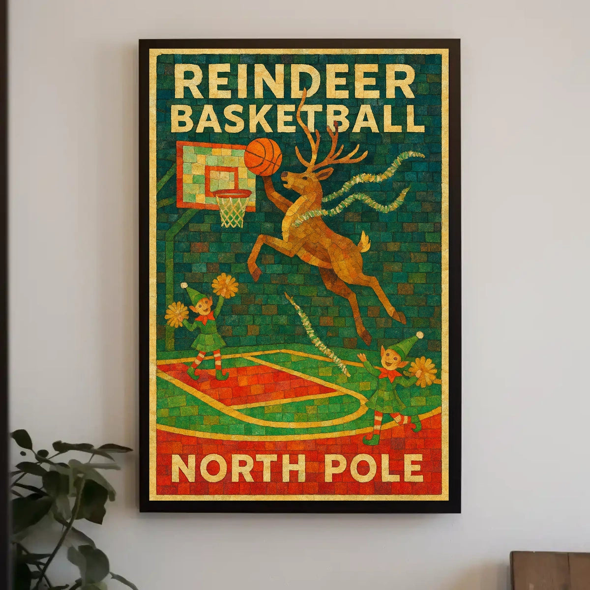 Reindeer Basketball at the North Pole Poster