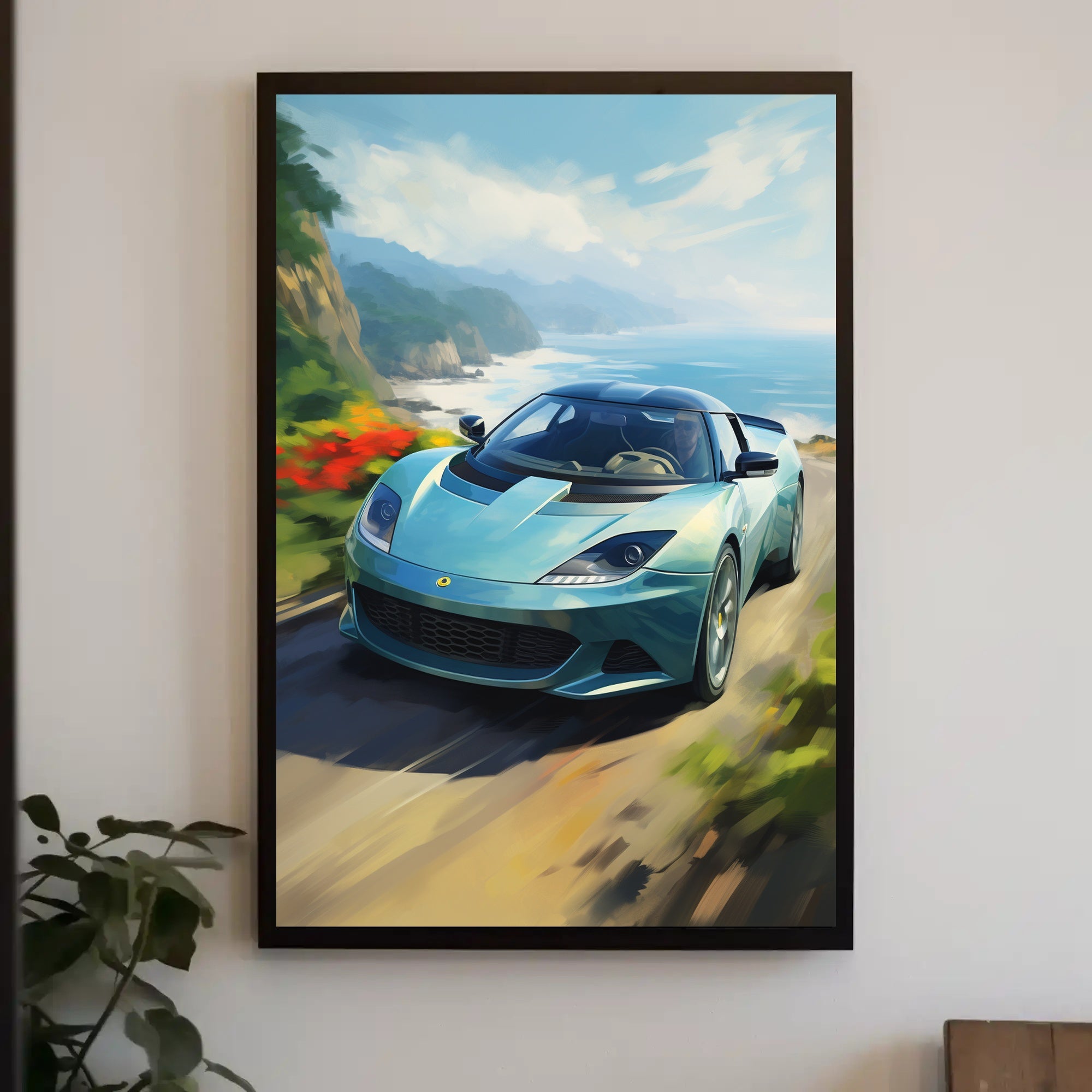 Modern Sports Car Coastal Adventure: Artistic Poster