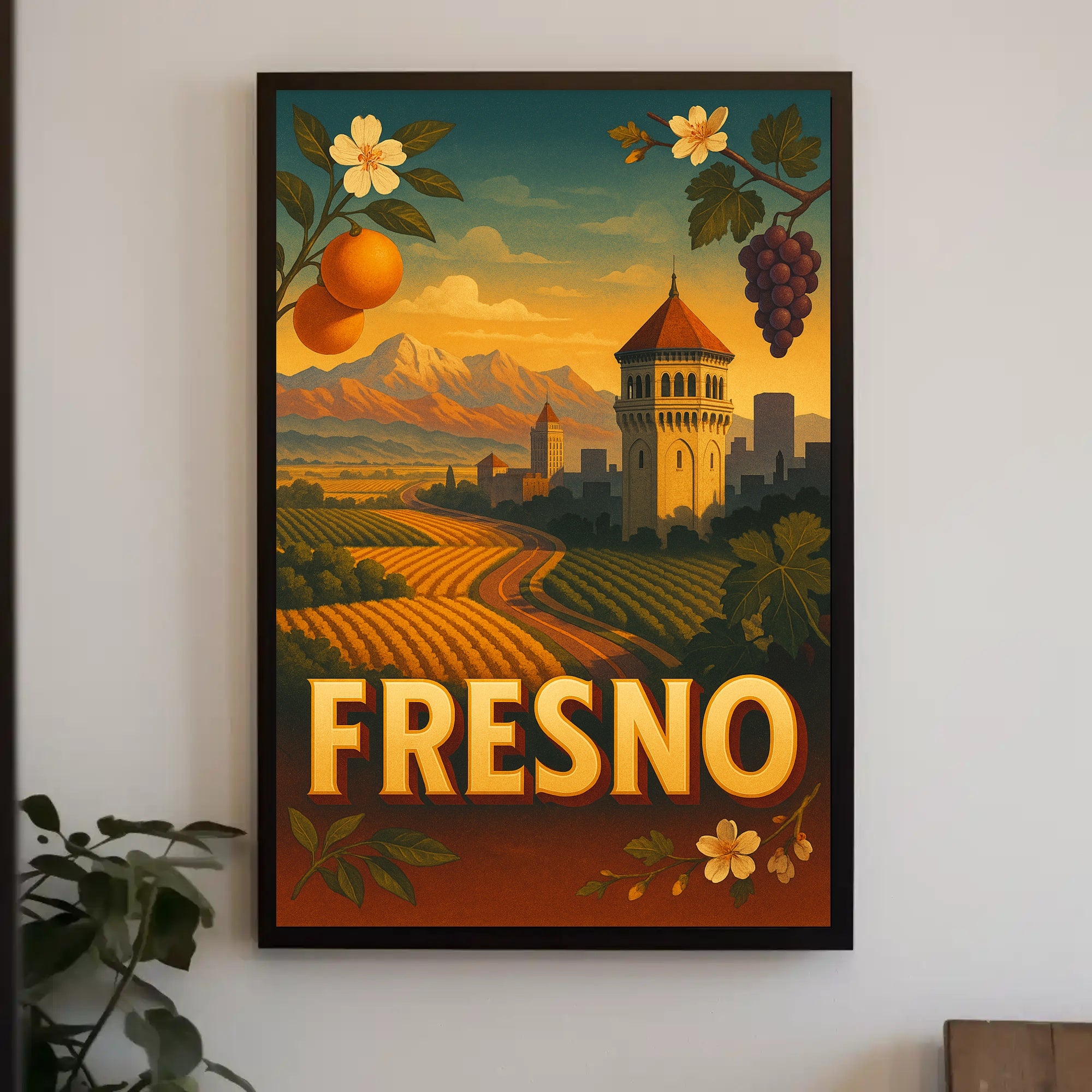 Vintage Fresno Travel Poster: Nostalgic California Vineyard Scenery